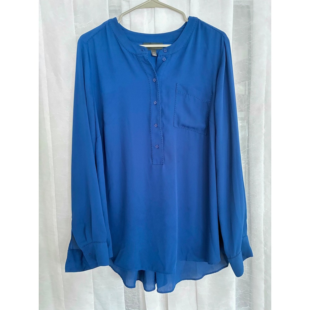 Lane Bryant Royal Blue Pleated Back Henley Blouse Plus Size 14/16 Long Sleeve
